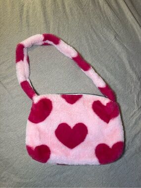 Pink Fuzzy Heart Pattern Shoulder Bag